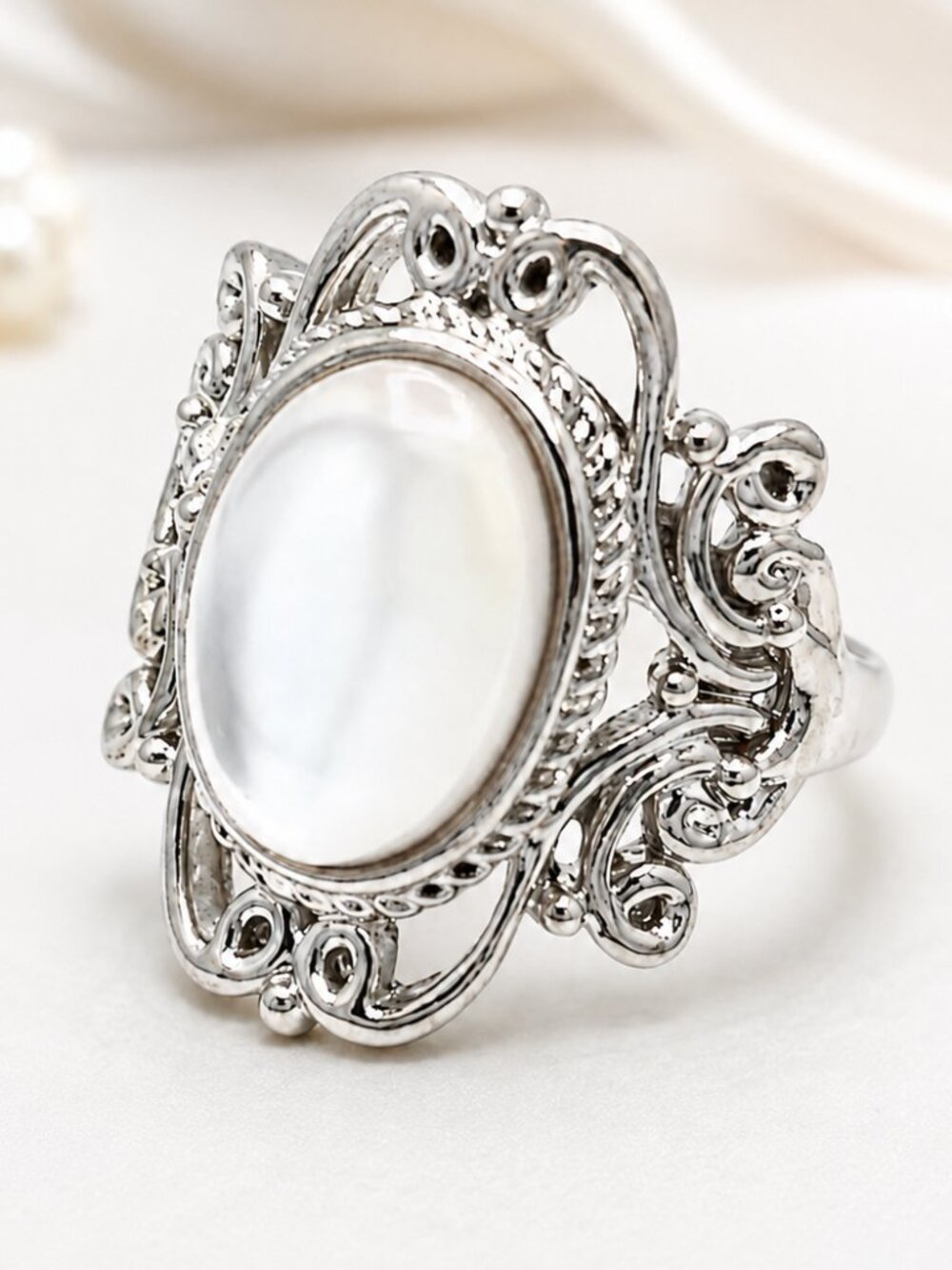Bold Silver-Tone Filigree Opalite-Style Statement Ring, Size 9